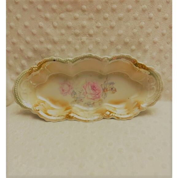 Vintage German Celebrate Rose Design Lusterware Long Oval Bowl - Picture 1 of 4